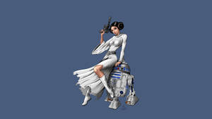 莉亞公主身穿白色長袍坐在R2-D2上，手持爆能槍，背景為藍色。