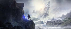 一名戰士手持藍色光劍，站在雪崖上俯瞰墜毀的星艦。
