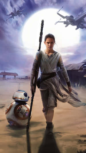 Rey 和 BB8 在一個大月亮下的沙漠中行走，X-wing 在頭頂飛過。