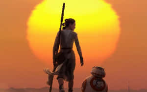 Rey 同 BB-8 喺日落時分喺沙漠中行走