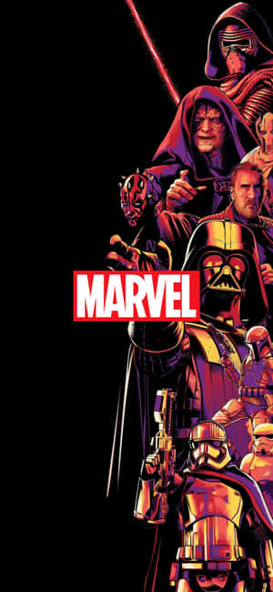 黑色背景上以漫畫風格呈現的Marvel標誌與星戰反派。 — Moto G17 壁紙