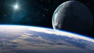 從太空看到的地球，背景中有一顆明亮的星星和流星。 — 月亮 壁紙