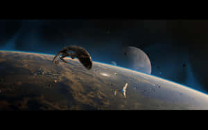 太空船飛過發光行星，太空中有月亮和星星。 — 星際大戰 壁紙