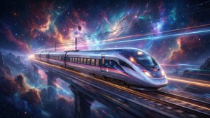 未來主義火車穿過色彩繽紛的宇宙星雲，帶有發光的軌跡。