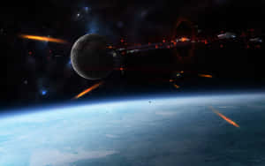 太空船在藍色行星上方的月球附近的太空中發射武器。 — 星球大戰 絕地：組織殞落 壁紙