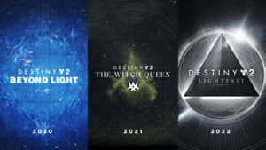 Destiny 2 擴展海報：Beyond Light、Witch Queen 和 Lightfall，帶有宇宙設計和年份。