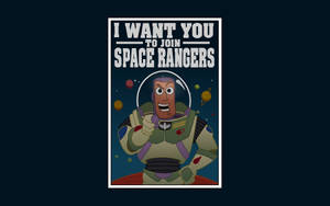 巴斯光年穿著太空衣，以「I want you to join Space Rangers」文字指向前方。