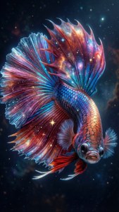 帶有銀河魚鰭的鬥魚在星空空間中游泳