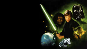 星戰角色包括 Luke Skywalker、Darth Vader 和 Yoda，以及綠色光劍和死星。