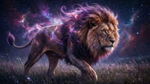 一頭擁有宇宙皮毛的獅子在繁星點點的星雲天空下穿過草地。 — 銀河獅子 壁紙