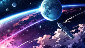 一艘太空船飛過一顆藍色行星，穿過充滿星星的彩色星雲 — 霓虹 壁紙