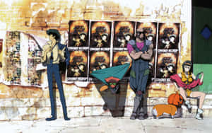 Cowboy Bebop 角色在磚牆前擺姿勢，附近有海報和一隻狗。