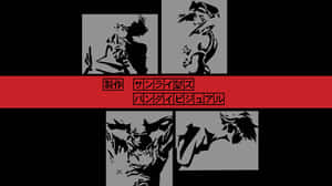 四個動漫角色剪影，位於灰色面板上，帶有日文文字的紅色橫幅。