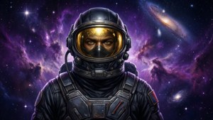 太空人身穿太空衣，背景是宇宙中的紫色星雲和星星。