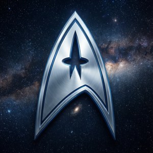 星際艦隊徽章漂浮在深空中，背後有星星和星雲。 — Pixel Watch 3 壁紙