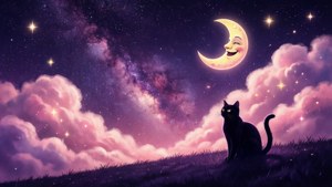 黑貓在山丘上看著紫色天空中微笑的月亮和星星