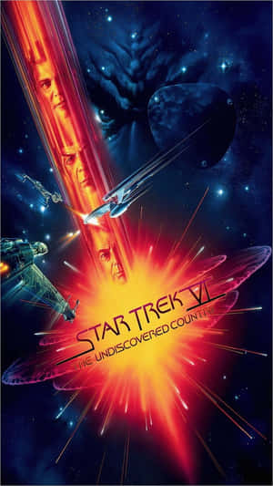 《星艦迷航記VI》電影海報，顯示星艦在太空戰鬥中，帶有紅色能量光束和面孔。