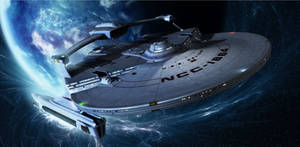 星艦NCC-1784在一個充滿星星的星系中環繞一顆藍色行星運行。 — 星際迷航 壁紙