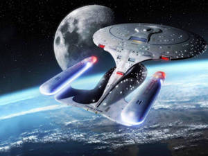星艦在太空中靠近衛星飛越藍色行星