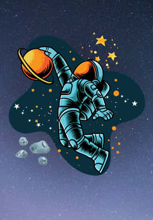 太空人在太空中手持行星，周圍有星星和小行星。