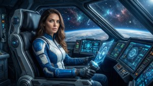 女太空人在駕駛艙內控制全息顯示屏，外面可見地球和星星。