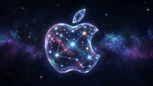 一個星形蘋果標誌漂浮在色彩繽紛的宇宙星雲中，帶有紫色、藍色和藍綠色的雲彩。