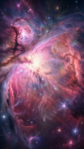 在深空中，充滿活力的粉紅色、紫色和藍色星雲與星星一起發光。