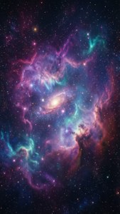 在深空中，充滿活力的宇宙星雲帶有螺旋星系和彩色氣體雲。