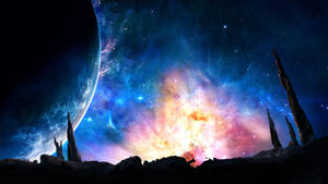 外星岩石輪廓映襯著色彩繽紛的星雲和太空中的行星。 — 行星 壁紙