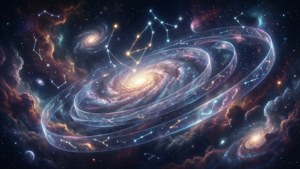 一個發光的螺旋星系，周圍環繞著色彩繽紛的星雲和星形圖案。