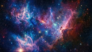 充滿活力的宇宙星雲在星空背景下發出藍色、粉紅色和橙色的光芒。