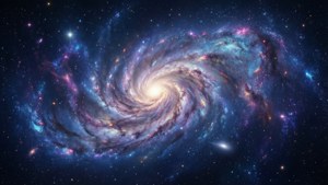一個螺旋星系，帶有藍色、紫色和金色色調，在星空中旋轉