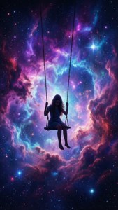 女孩在色彩繽紛的星雲中盪鞦韆漂浮