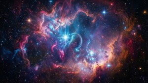 充滿活力的宇宙星雲，在深空中有旋轉的雲朵和明亮的星星。