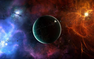 一顆被彩色宇宙雲和星星包圍的黑暗行星。