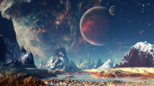 星空下白雪覆蓋的外星山脈，有紅色行星和月亮 — 天空景觀 壁紙