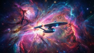 一艘星際飛船飛過充滿星星和宇宙雲的彩色星雲。