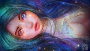 一位擁有發光眼睛和宇宙髮絲的女子，穿著閃耀長裙，在繁星之間漂浮。 — 奇幻 壁紙