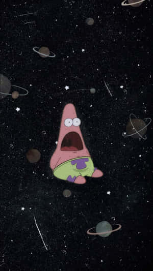 Patrick Star 喺行星同星星之間漂浮喺太空，睇起嚟好震驚。