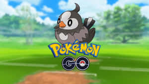 一隻卡通鳥類寶可夢在草地上站在 Pokémon GO 標誌前。 — 遊戲 壁紙