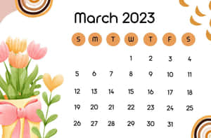 2023年3月日曆，帶有鬱金香和太陽爆發設計。