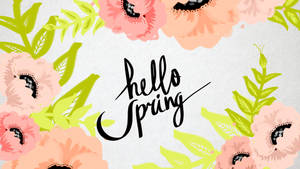 春天花朵和葉子以優雅字體框住「hello spring」。