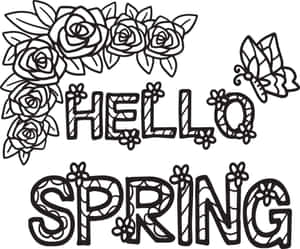 Hello spring 問候語，搭配玫瑰和蝴蝶的黑白線條藝術。