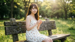 年輕女子穿碎花裙在公園長椅上吹蒲公英種子