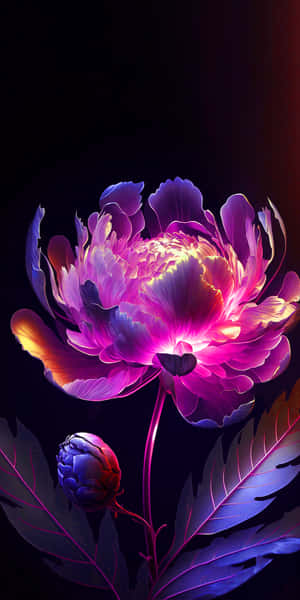 一朵發光的霓虹牡丹花，下方有一朵含苞待放的花，背景為深色。 — 花卉 iPhone 壁紙