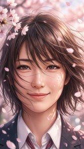 櫻花下微笑的校服動漫女孩