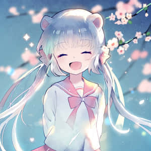 有貓耳朵的動漫女孩在櫻花下笑著，帶有閃爍。 — 可愛動漫女仔 壁紙