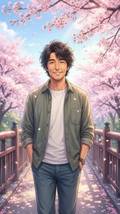 男子在陽光明媚的春日櫻花下微笑。