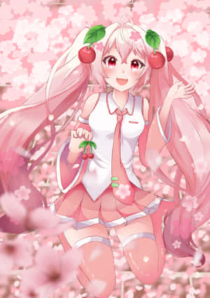 動漫女孩戴著櫻桃髮飾，被粉紅色櫻花包圍。 — Vocaloid 壁紙