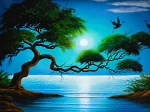 扭曲的樹木框住一輪發光的月亮，映照在平靜的水面上，鳥兒在夜間飛翔。